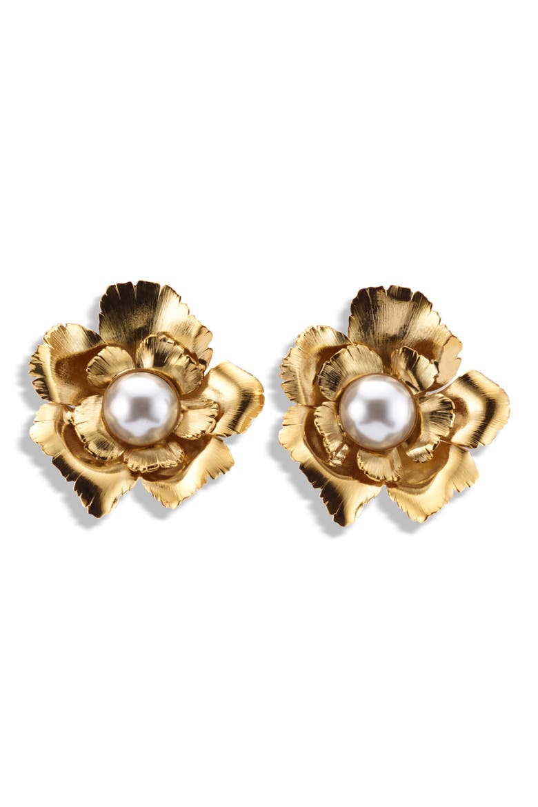 Jasmine Floral Faux Pearl Button Drop Earrings, Main, color, GOLD