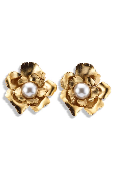 Jasmine Floral Faux Pearl Button Drop Earrings