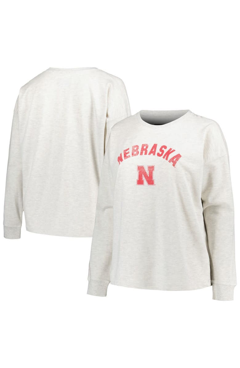PROFILE Women's Profile Oatmeal Nebraska Huskers Plus Size Distressed Arch Over Logo Neutral Boxy Pullover Sweatshirt, Main, color, Oatmeal