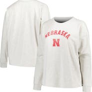 PROFILE Women's Profile Oatmeal Nebraska Huskers Plus Size Distressed Arch Over Logo Neutral Boxy Pullover Sweatshirt
