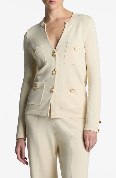 St. shops John Sport Women's Beige button jacket Size M Faux leather italy blazer