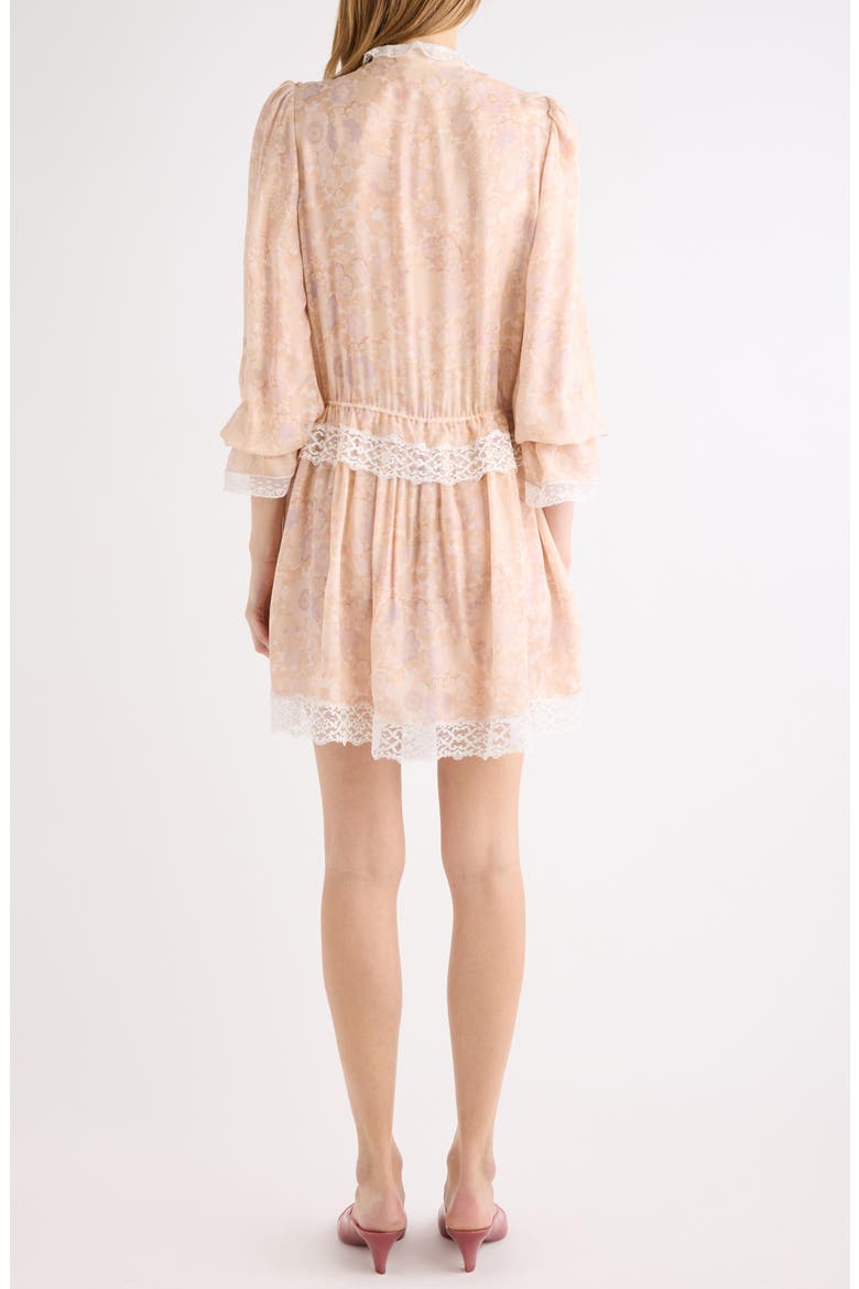 Floral Long Sleeve Silk Charmeuse & Lace Minidress, Alternate, color, MULTICOLOR PINK 1