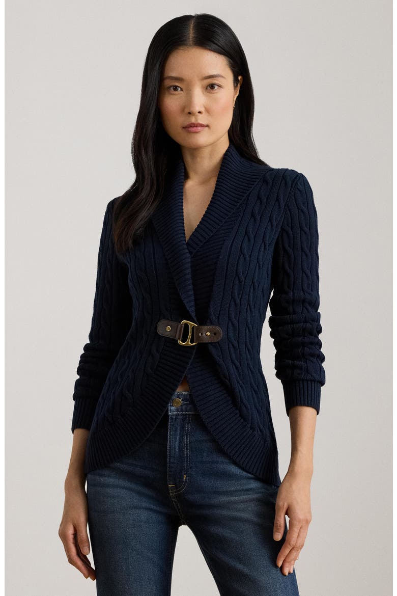 Buckle Cable Stitch Cotton Cardigan, Alternate, color, LAUREN NAVY