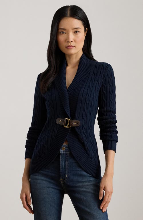 Ralph Lauren Lauren  Buckle Cable Stitch Cotton Cardigan In Blue