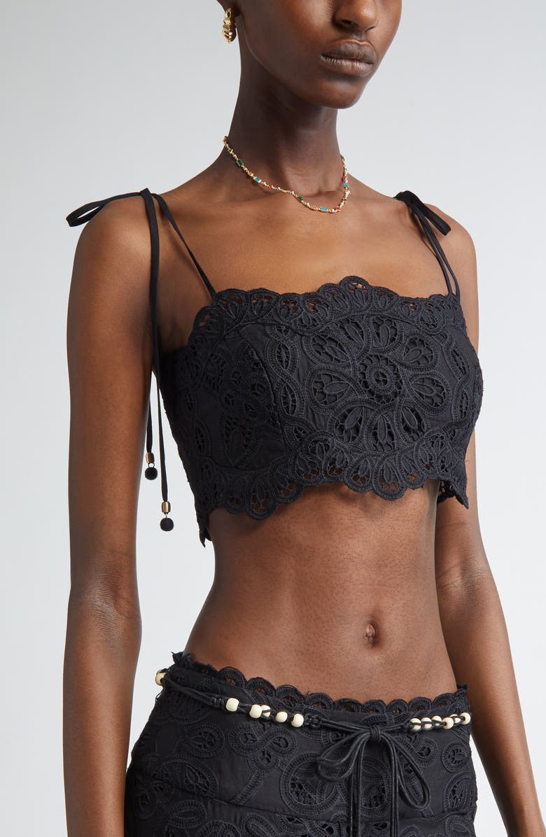 Zimmermann Rhiannon Guipure Lace Trim Cotton Crop Top, Alternate, color, Black