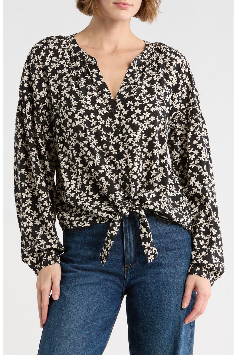 Tie Front Button-Up Shirt, Main, color, PRIMROSE BLACK/ IVORY