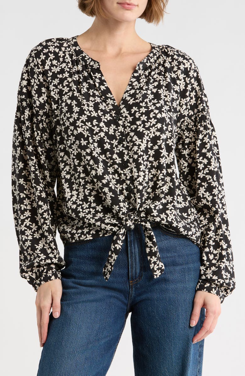 Sanctuary Tie Front Button-Up Shirt, Main, color, Primrose Black/ Ivory