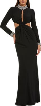 Mac Duggal Women's Embellished Jersey Long Sleeve Cut Out Evening Gown