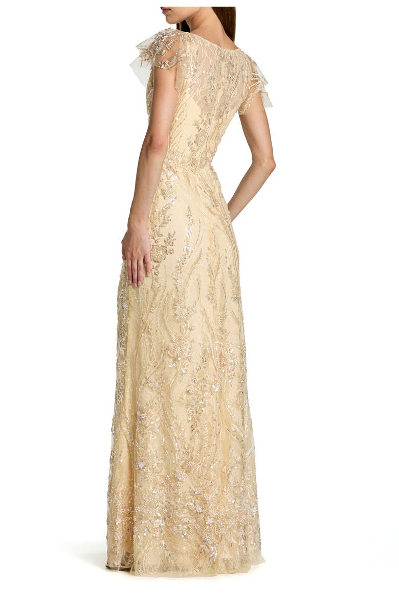 Mac Duggal V-Neck Flutter Sleeve Embroidered Lace Evening Gown, Alternate, color, Gold