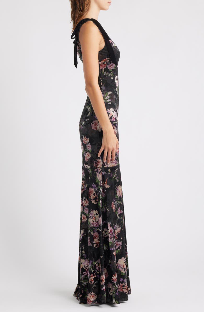 Lulus Coraline Velvet Shoulder Sleeveless Gown, Alternate, color, Black Floral