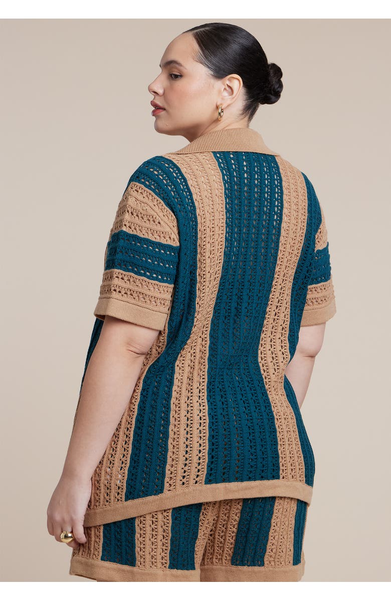 ELOQUII Oversized Crochet Button Up Top, Alternate, color, Celadon Stripe