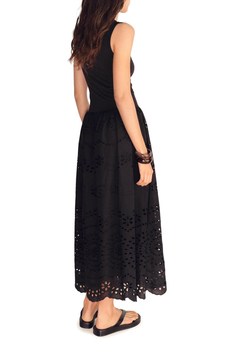 Embroidered Eyelet Detail Mixed Media Cotton Blend Dress, Alternate, color, BLACK