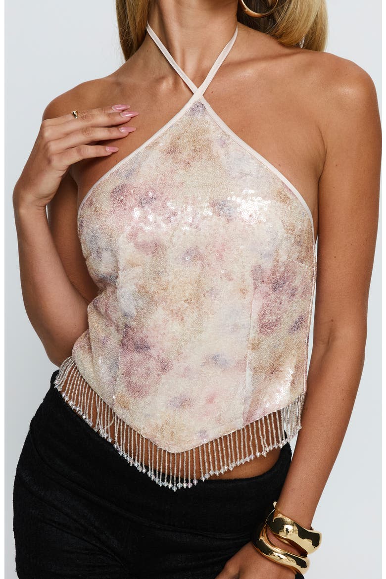 Udelle Sequin Fringe Halter Crop Top, Alternate, color, CREAM SEQUIN