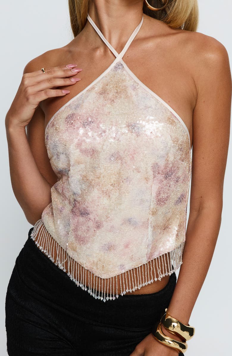 Princess Polly Udelle Sequin Fringe Halter Crop Top, Alternate, color, Cream Sequin