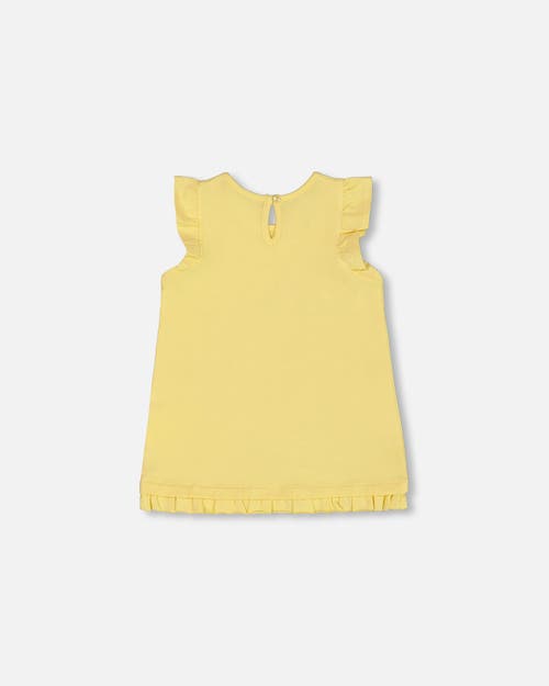 DEUX PAR DEUX DEUX PAR DEUX GIRL'S ORGANIC COTTON TUNIC WITH FRILL AND PRINT YELLOW AND FLAMINGO 