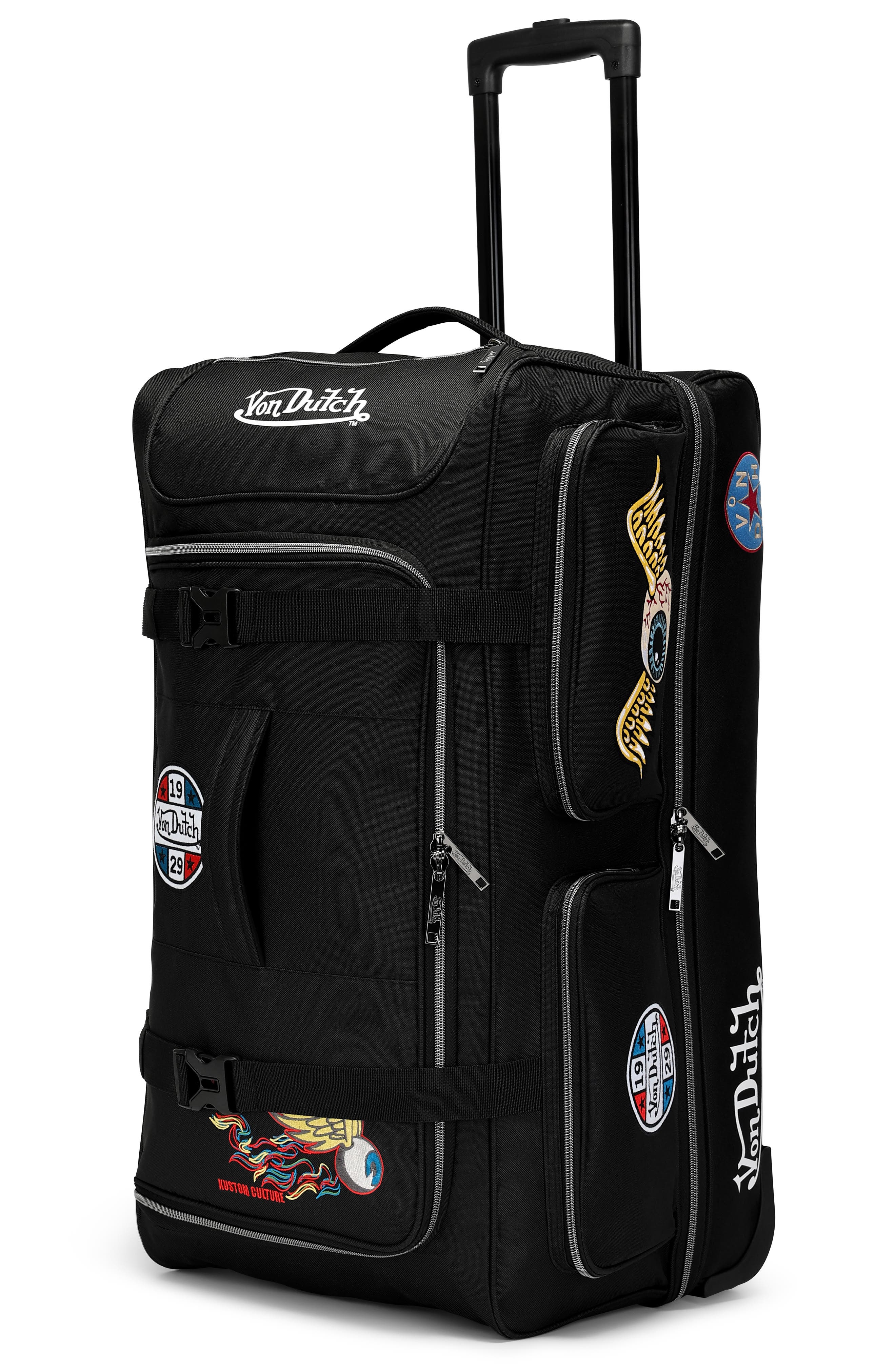 Von Dutch Signature Patch Rolling Travel Duffel Bag with Inline Skate Wheels, Main, color, Black