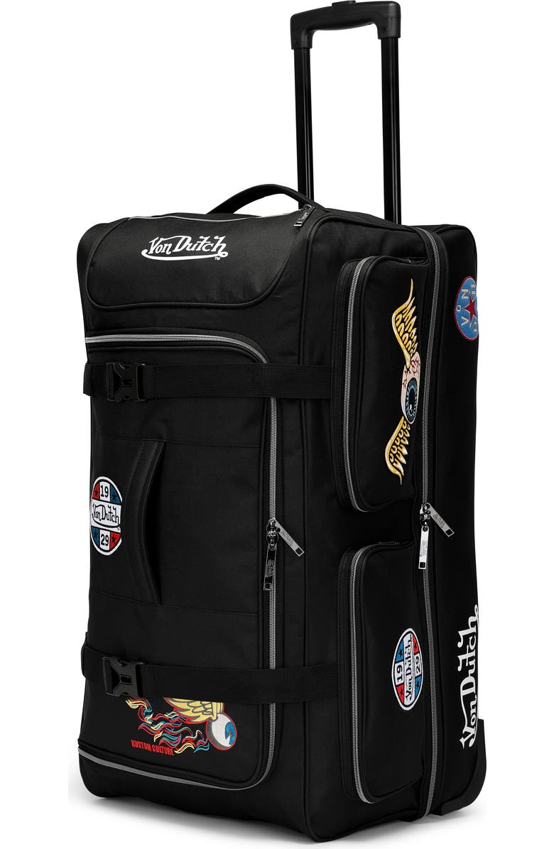 Von Dutch Signature Patch Rolling Travel Duffel Bag with Inline Skate Wheels, Main, color, Black