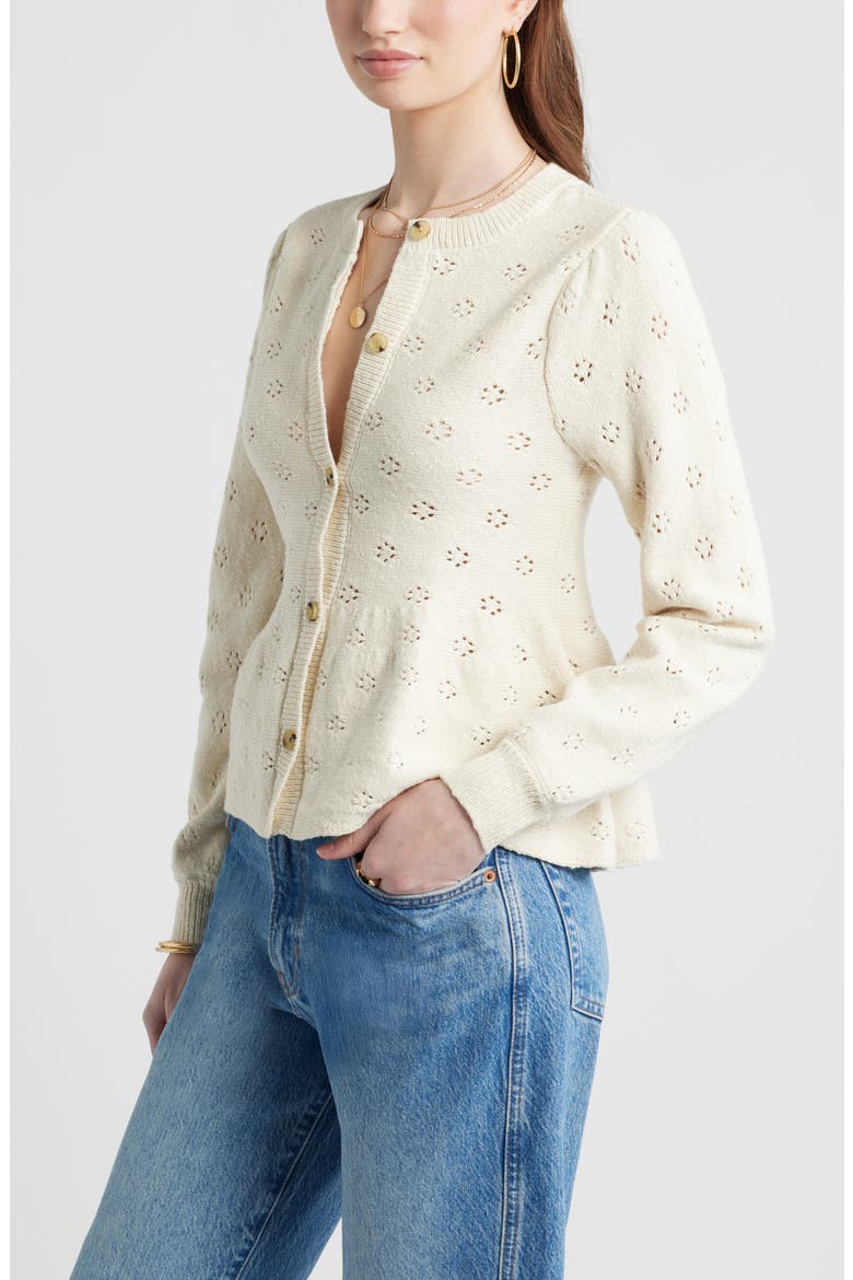 Pointelle Peplum Cardigan, Alternate, color, IVORY DOVE