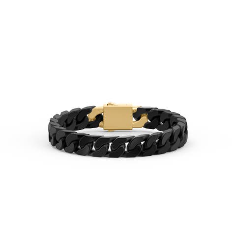 Black Ceramic Cuban Link (10mm) Bracelet With 18k Yellow Gold Over Sterling Silver Clasp, 8"