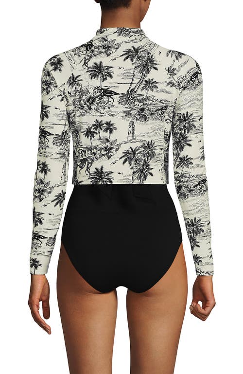 Lands' End Long Sleeve Mock Neck Cropped Upf 50 Sun Protection Rash Guard In Egret White Tropical Scene