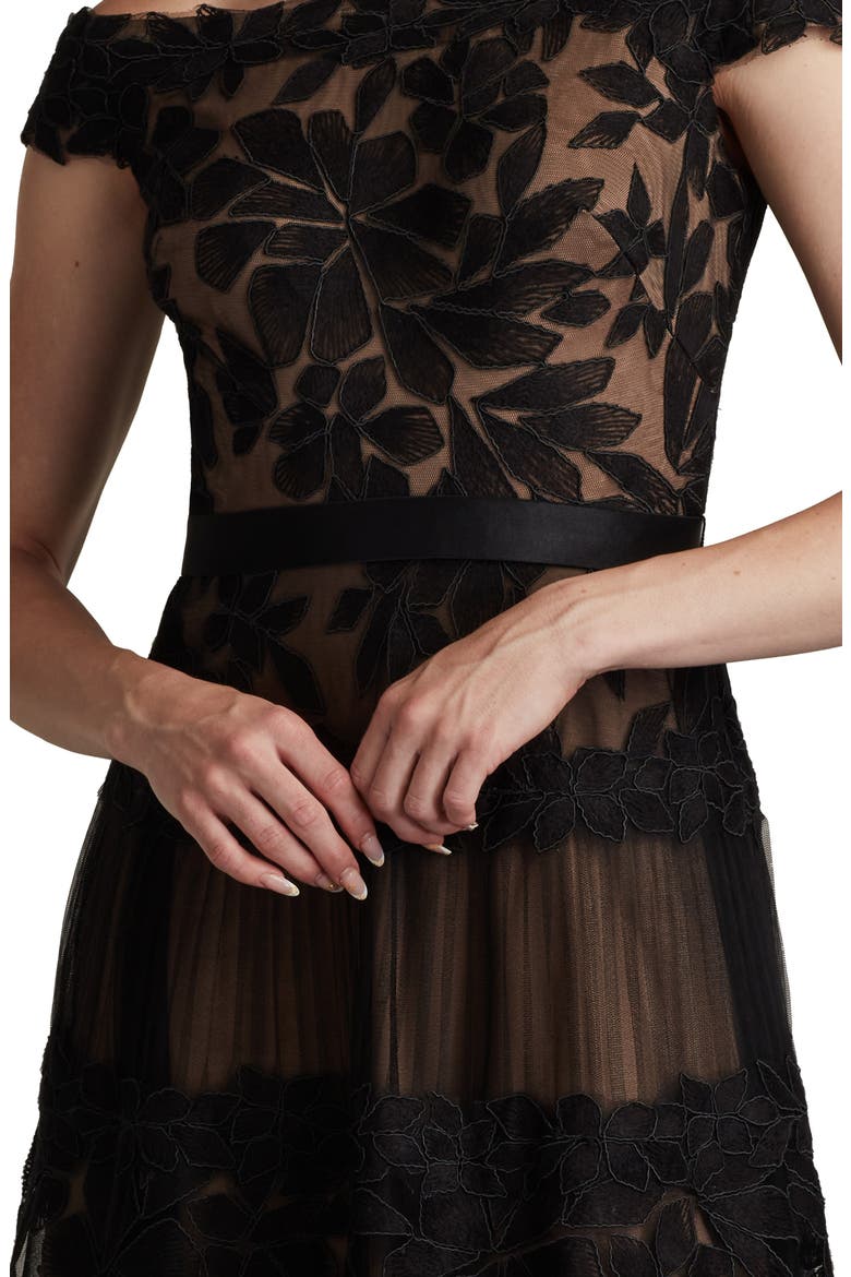 Embroidered Off the Shoulder Midi Dress, Alternate, color, BLACK/NUDE