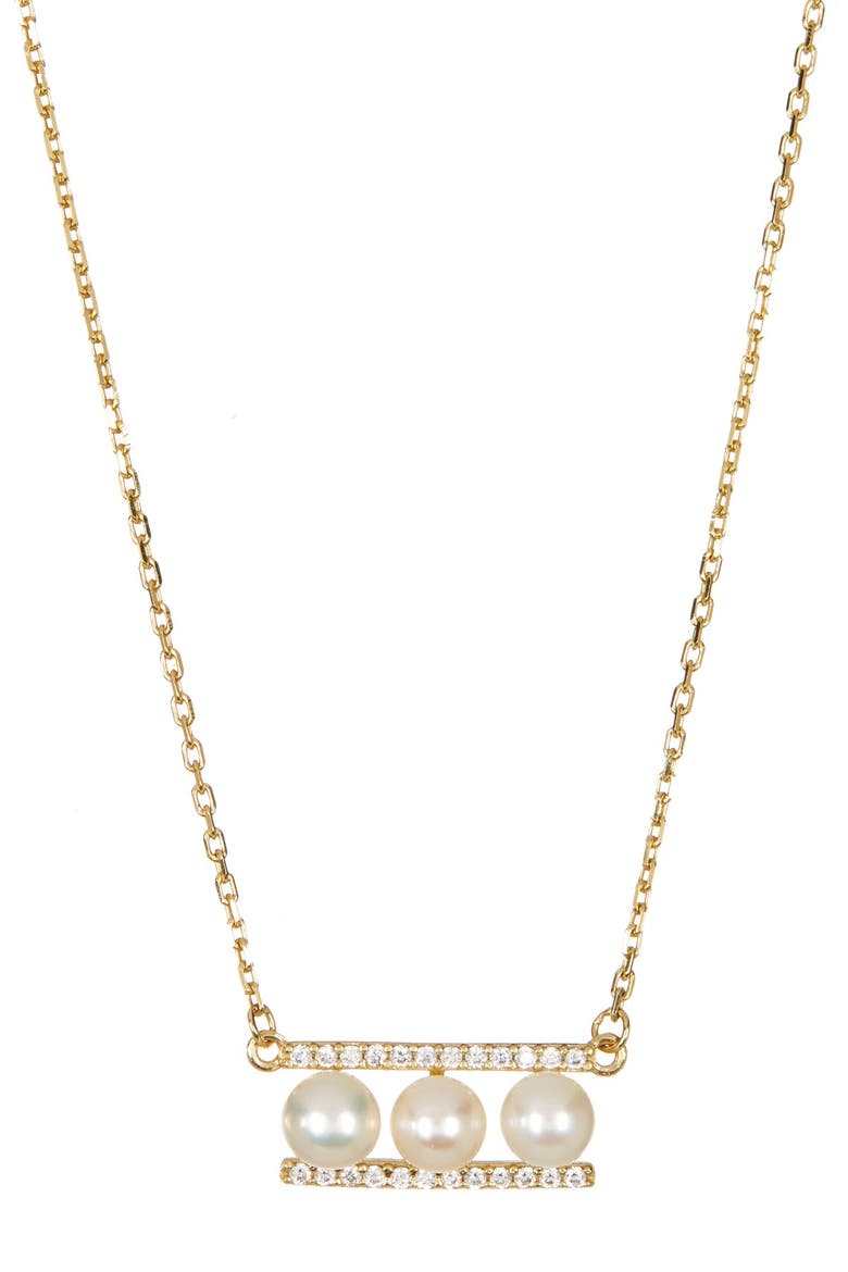 Yellow Gold Plated Sterling Silver 7mm Freshwater Pearl Swarovski Crystal Accented Bar Necklace, Main, color, WHITE