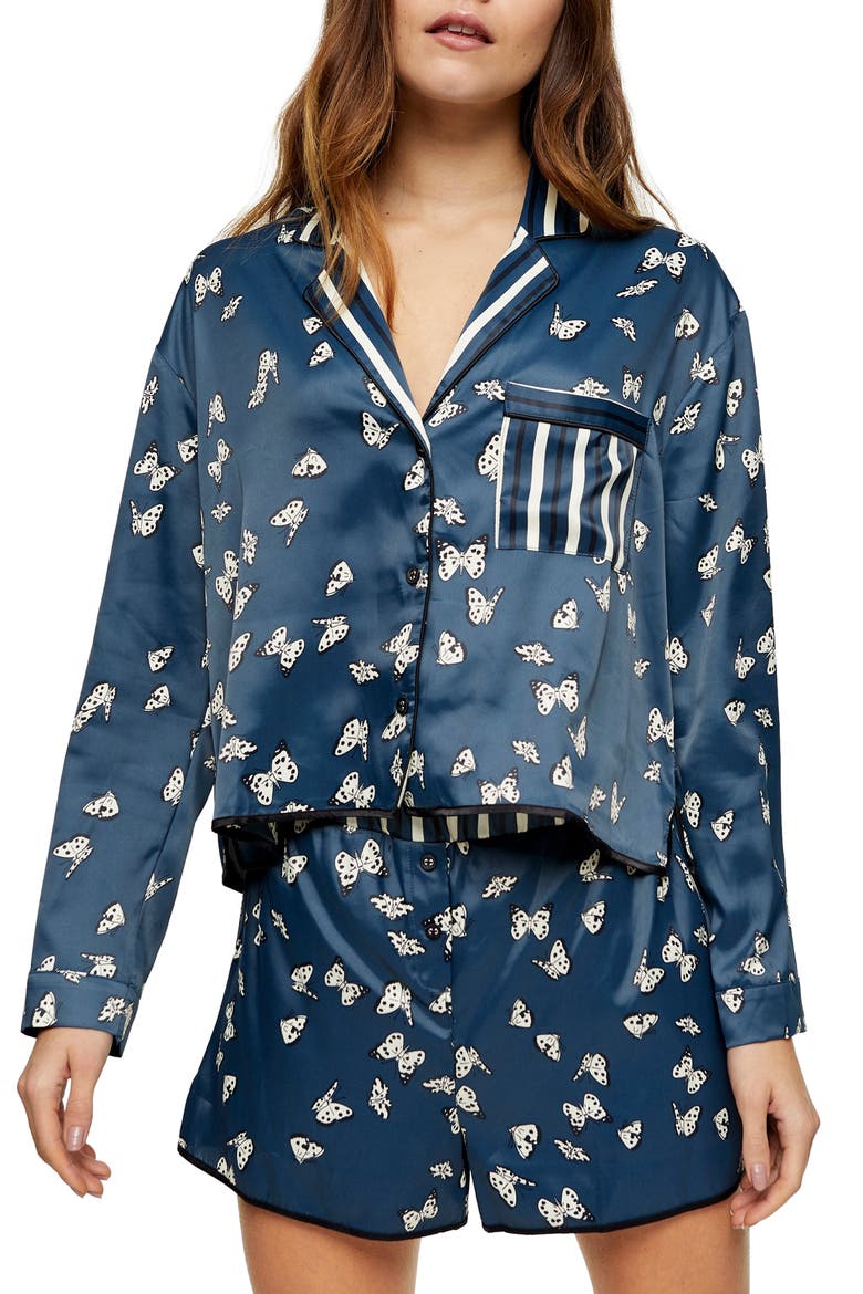 Kourtney Butterfly Print Satin Short Pajamas, Main, color, BLUE MULTI
