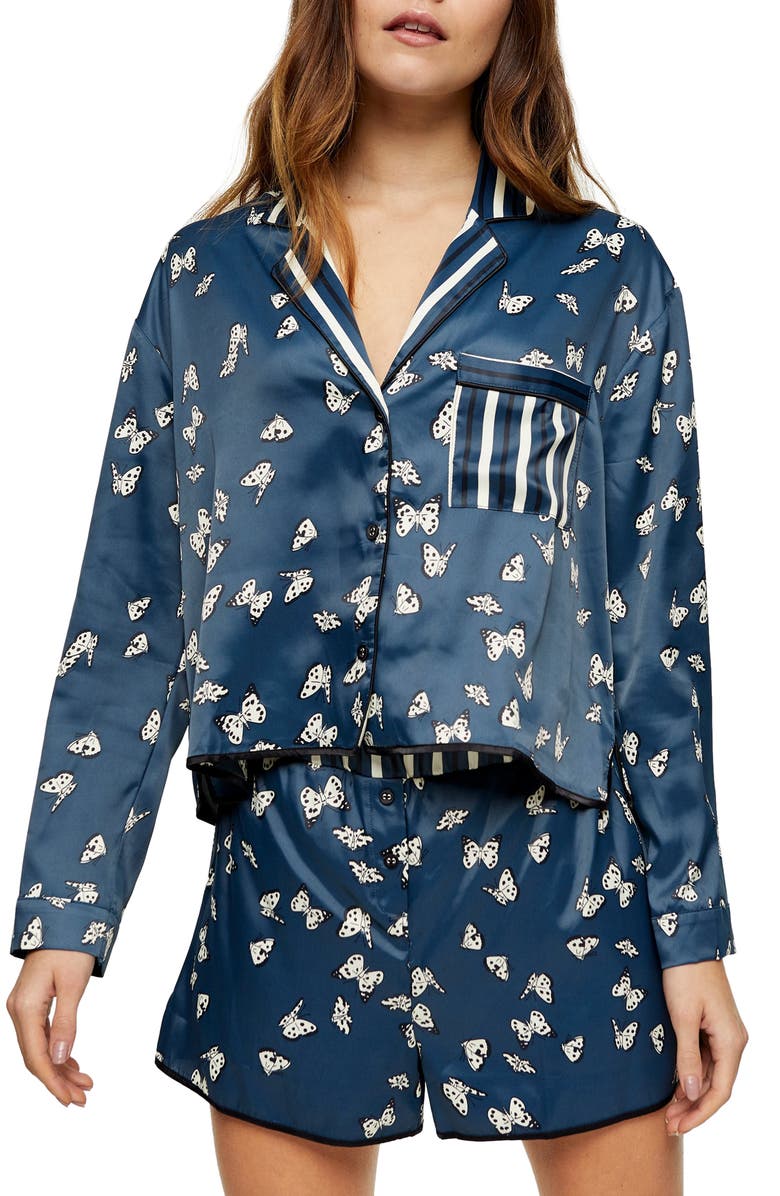 Topshop Kourtney Butterfly Print Satin Short Pajamas, Main, color,