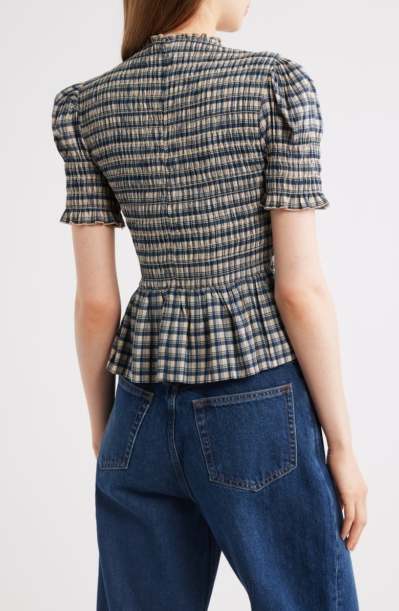 Reformation Aggie Smocked Ruffle Hem Top, Alternate, color, Beacon Check