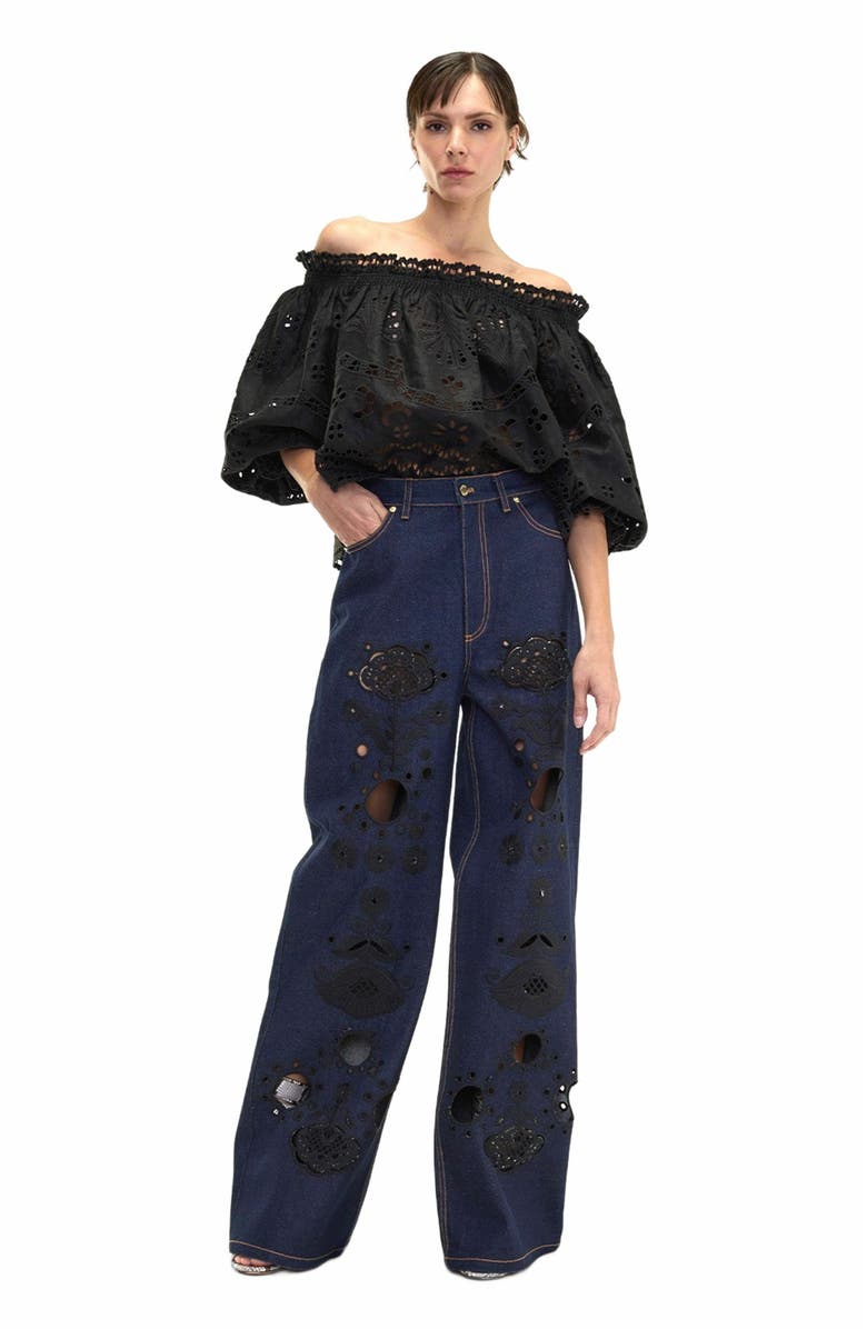 Cynthia Rowley Embroidered Wide-leg Jean, Alternate, color, Navy/Black