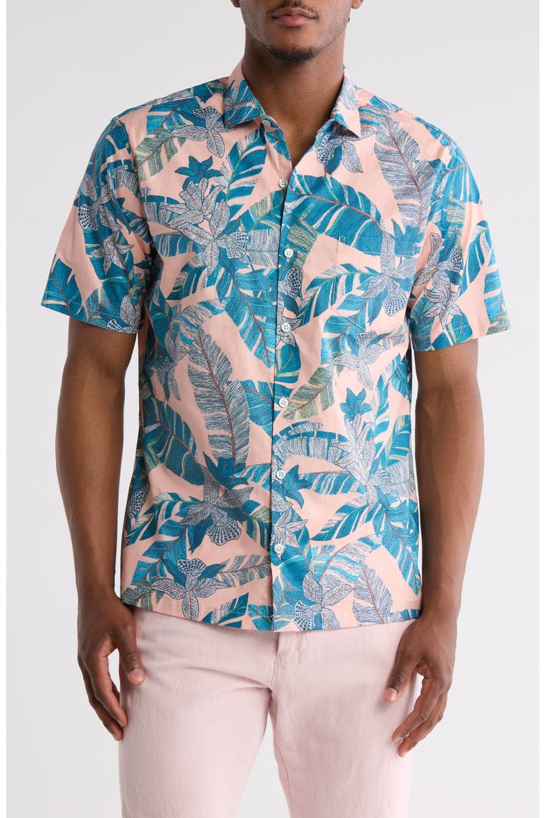 Seurat Garden Short Sleeve Cotton Button-Up Shirt, Main, color, SALMON