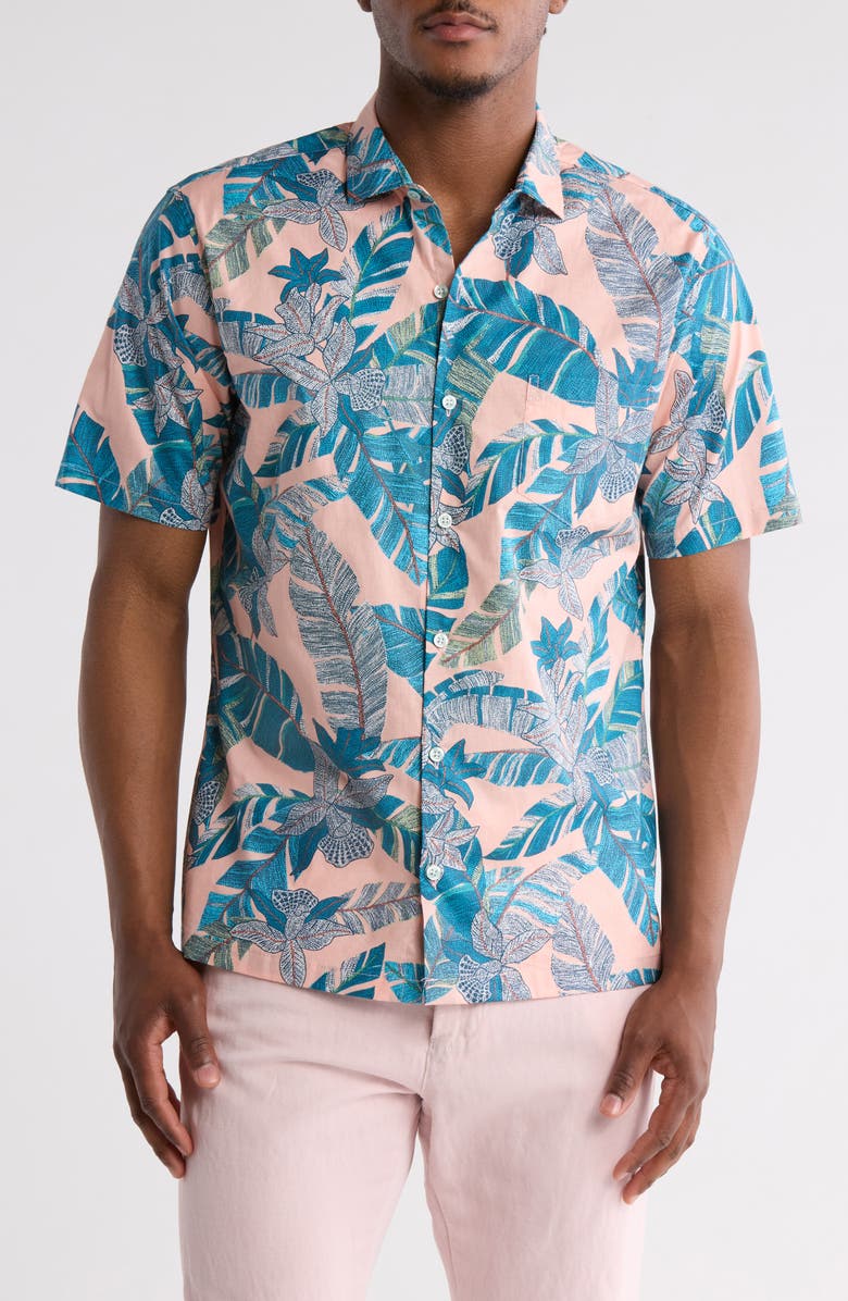 Tori Richard Seurat Garden Short Sleeve Cotton Button-Up Shirt, Main, color, Salmon