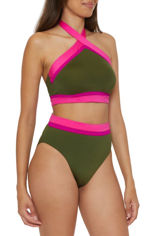 Trina Turk Colorblock Halter Neck Bikini Top In Olive Multi