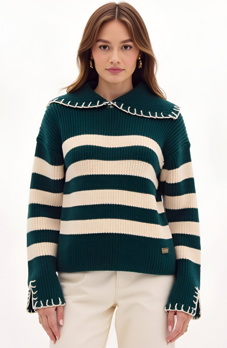 Modenaire Striped Knit Contrast Stitch Collar and Cuffs Sweater, Main, color,