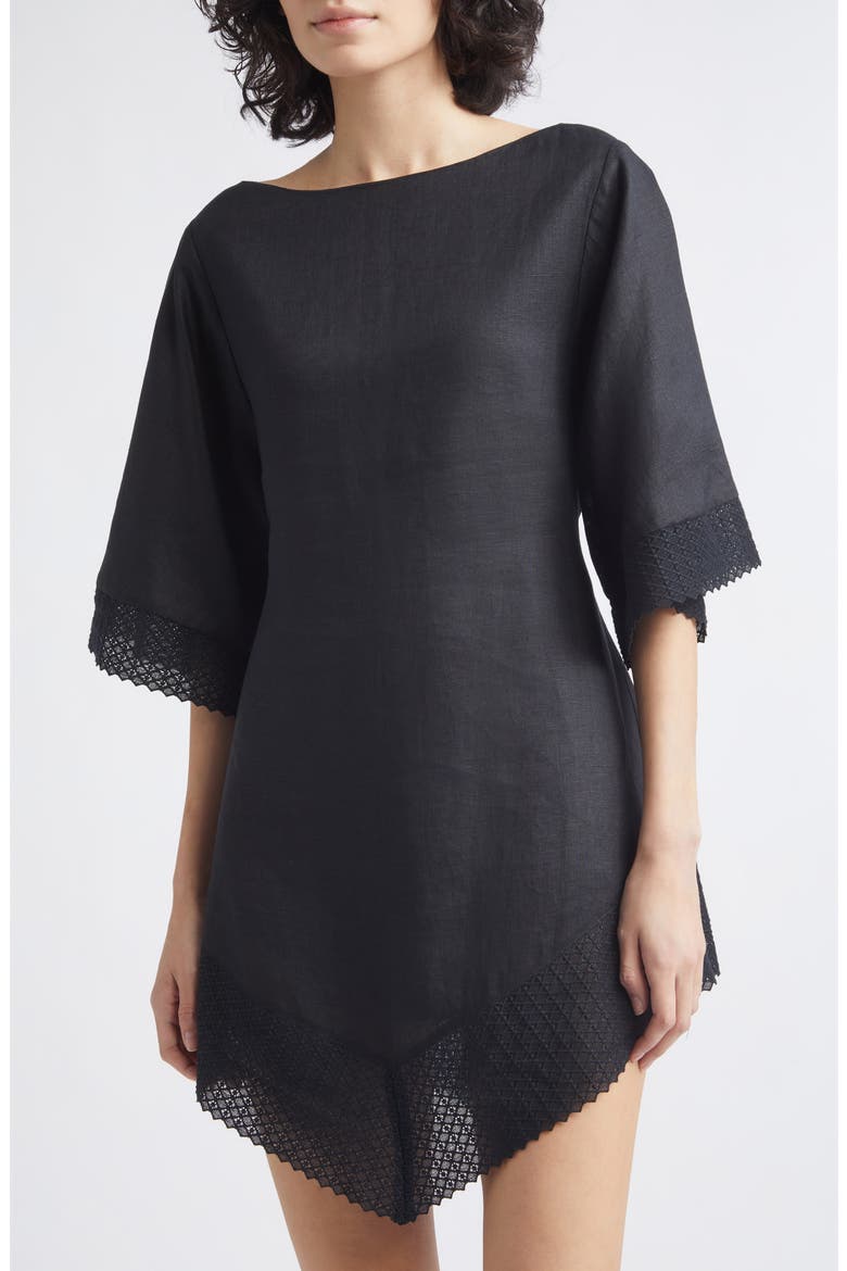 Alfie Linen Caftan Minidress, Alternate, color, BLACK