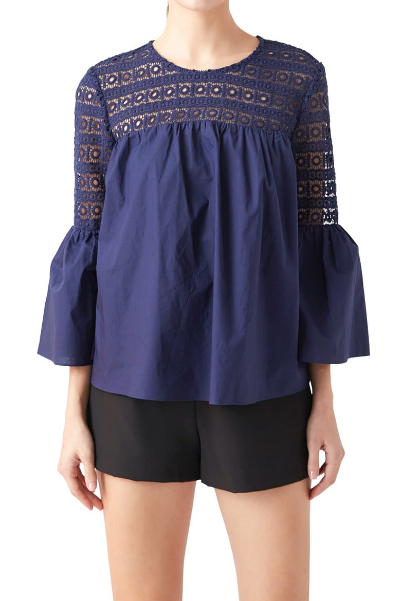 Bell Sleeve Lace Poplin Blouse, Alternate, color, NAVY