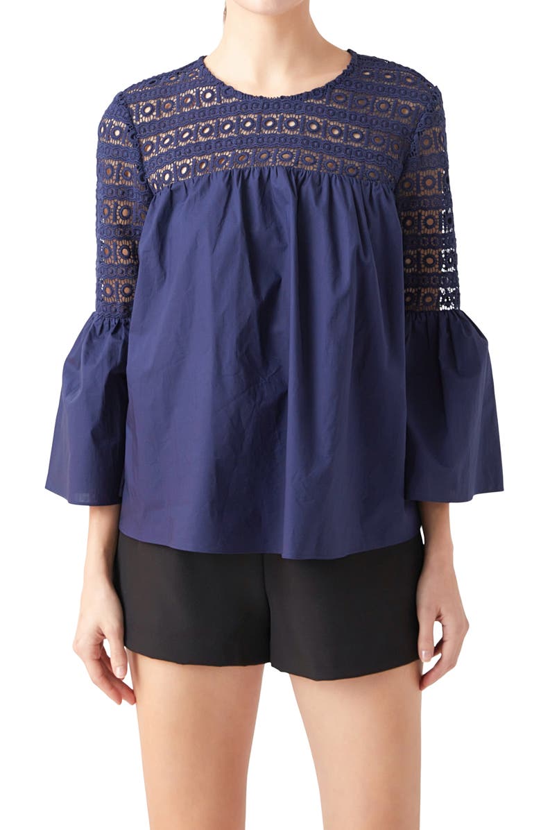 Endless Rose Bell Sleeve Lace Poplin Blouse, Alternate, color, Navy