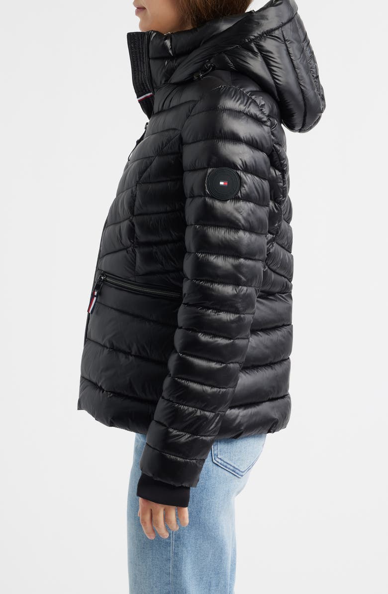 Tommy Hilfiger Packable Chevron Puffer Jacket with Hood, Alternate, color, Black