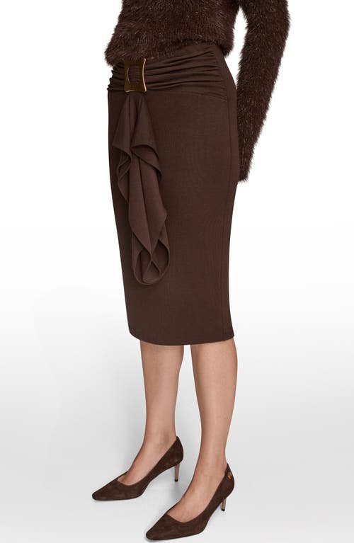 Donna Karan New York Square Buckle Ruffle Knit Skirt In Brown