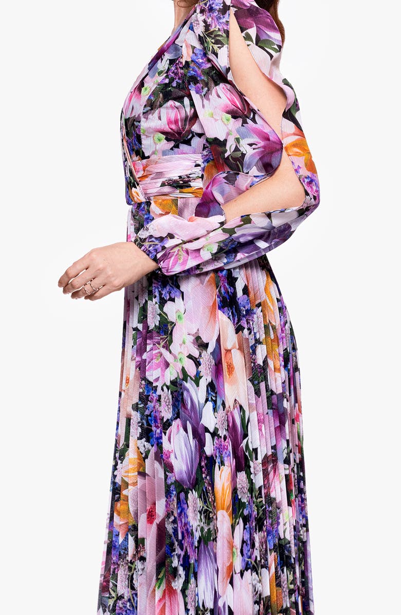 Betsy & Adam Metallic Floral Pleated Long Sleeve Gown, Alternate, color, 
