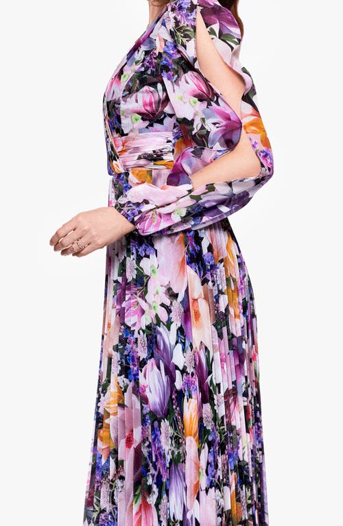 BETSY & ADAM BETSY & ADAM METALLIC FLORAL PLEATED LONG SLEEVE GOWN 