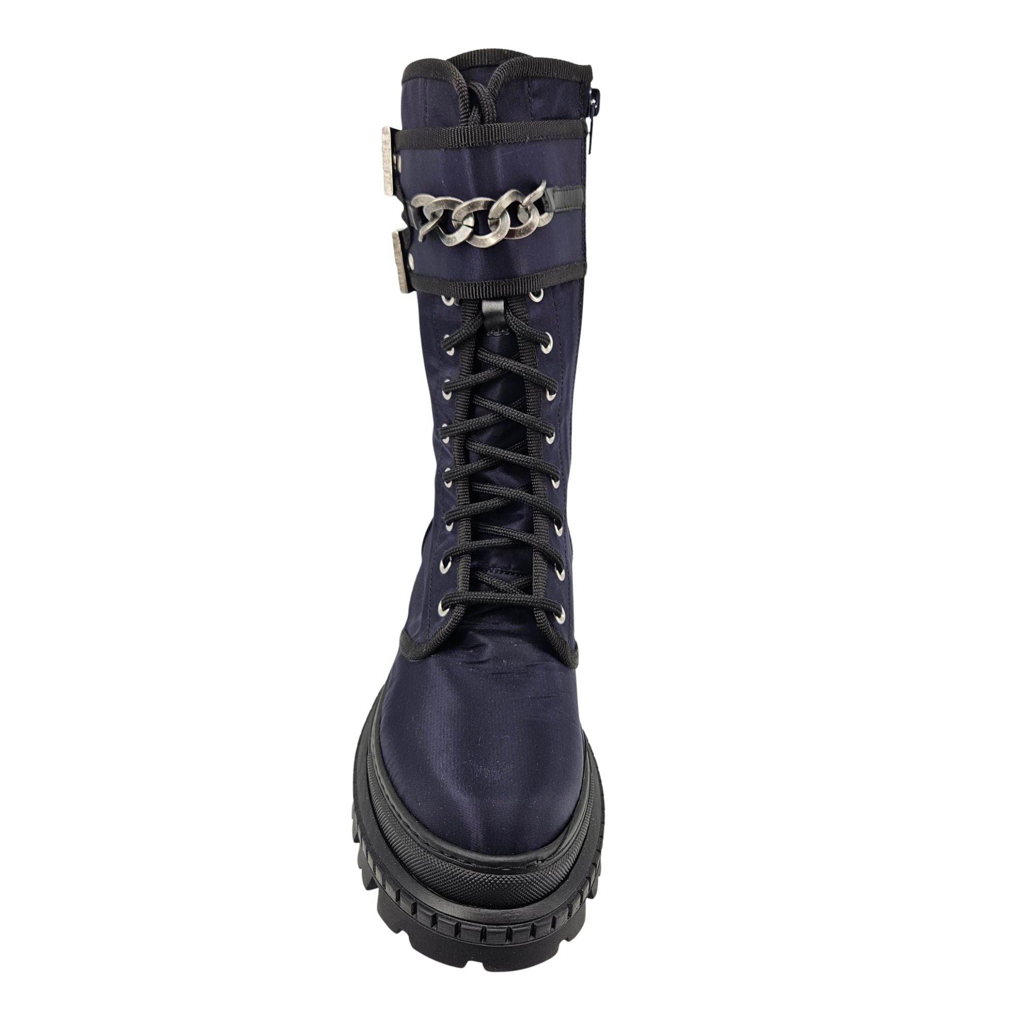 Chain Detail Buckled Combat Boot, Alternate, color, navy