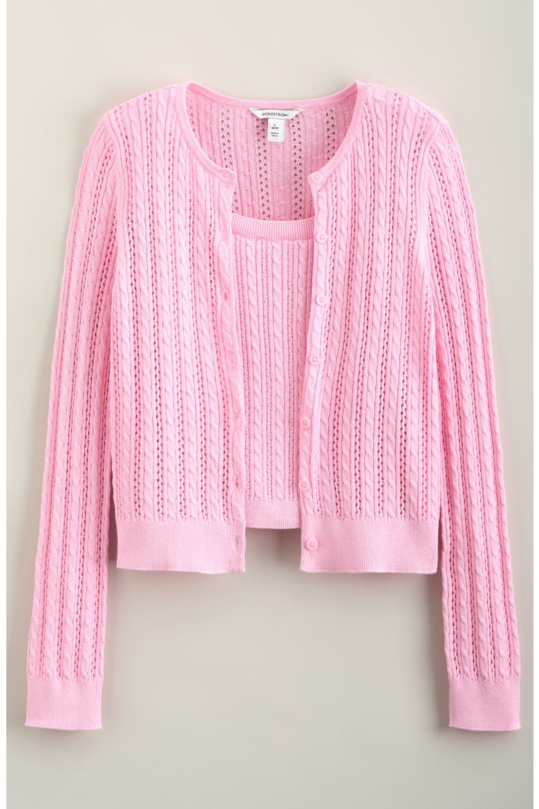 Kids' Cable Stitch Cardigan & Sweater Tank Set, Main, color, PINK SWEET