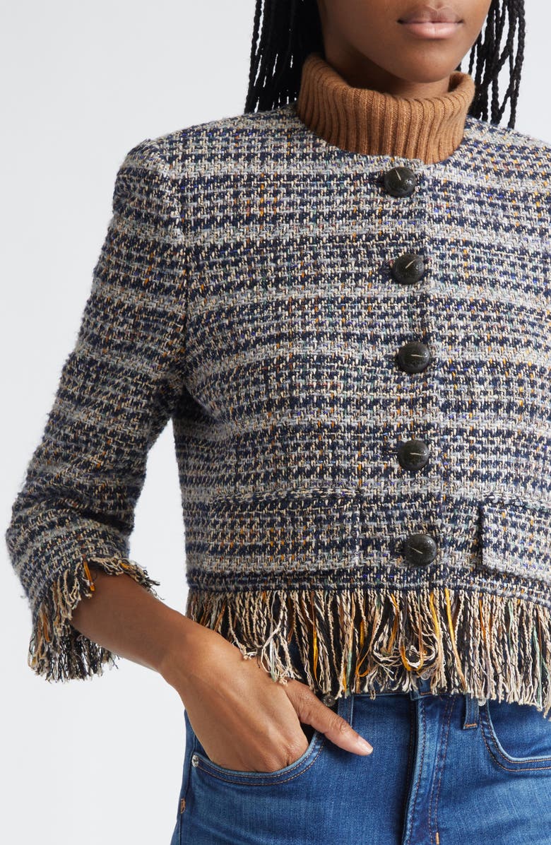 Veronica Beard Lyons Tweed Fringe Jacket, Alternate, color, Navy Multi