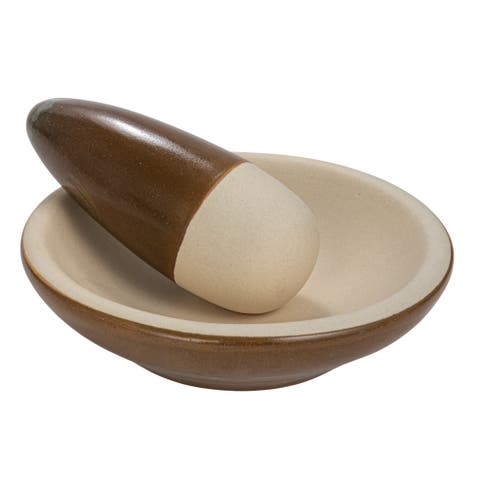 Stoneware Mortar and Pestle with Reactive Glaze, Brown and Cream
