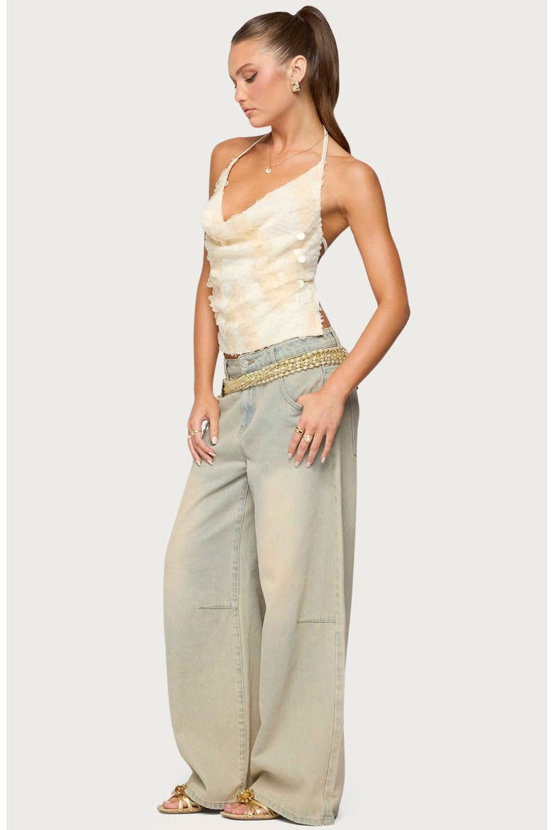Reid Sequin Cowl Neck Open Back Halter Top, Alternate, color, CREAM