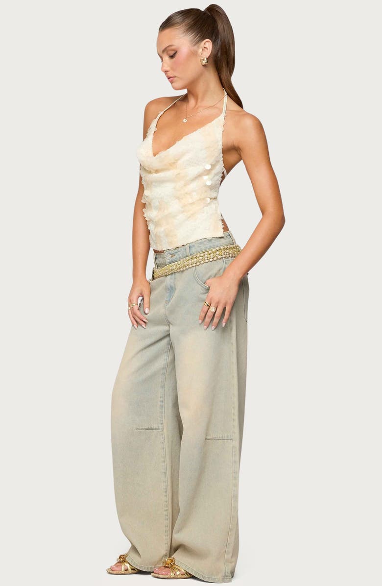 EDIKTED Reid Sequin Cowl Neck Open Back Halter Top, Alternate, color, Cream