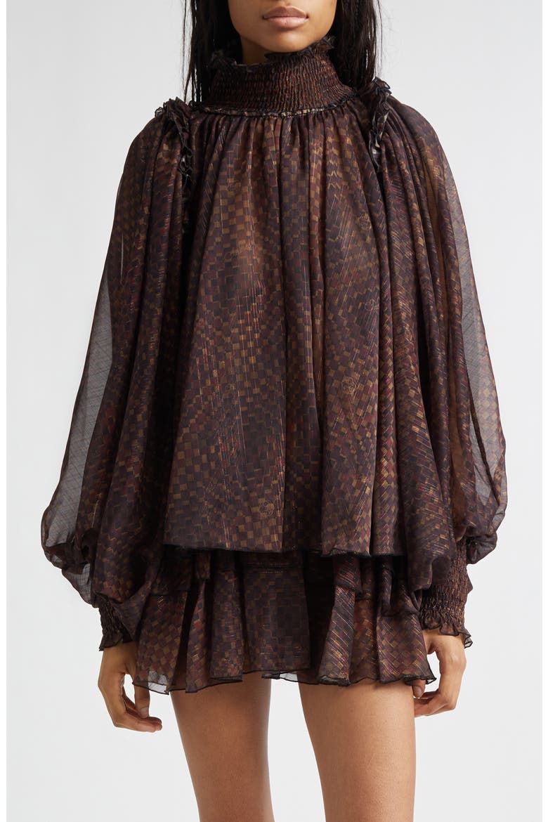Serena Metallic Stripe Geo Print Chiffon Top, Main, color, BROWN MULTI