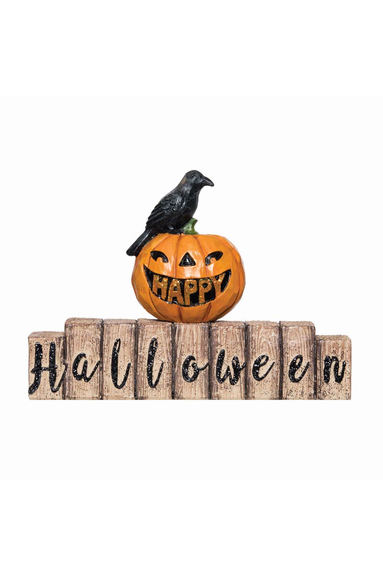 Happy Halloween Pumpkin/Crow Figurine, Main, color, Orange