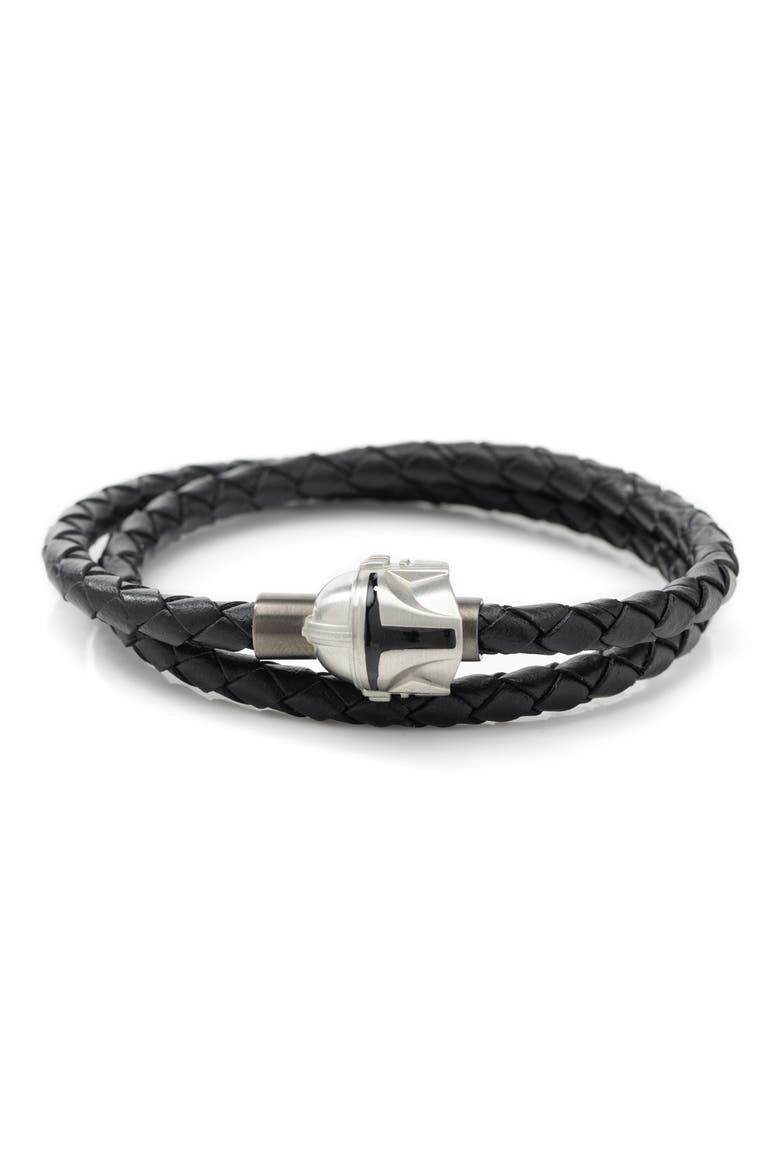 Mandalorian Braided Leather Wrap Bracelet, Main, color, SILVER